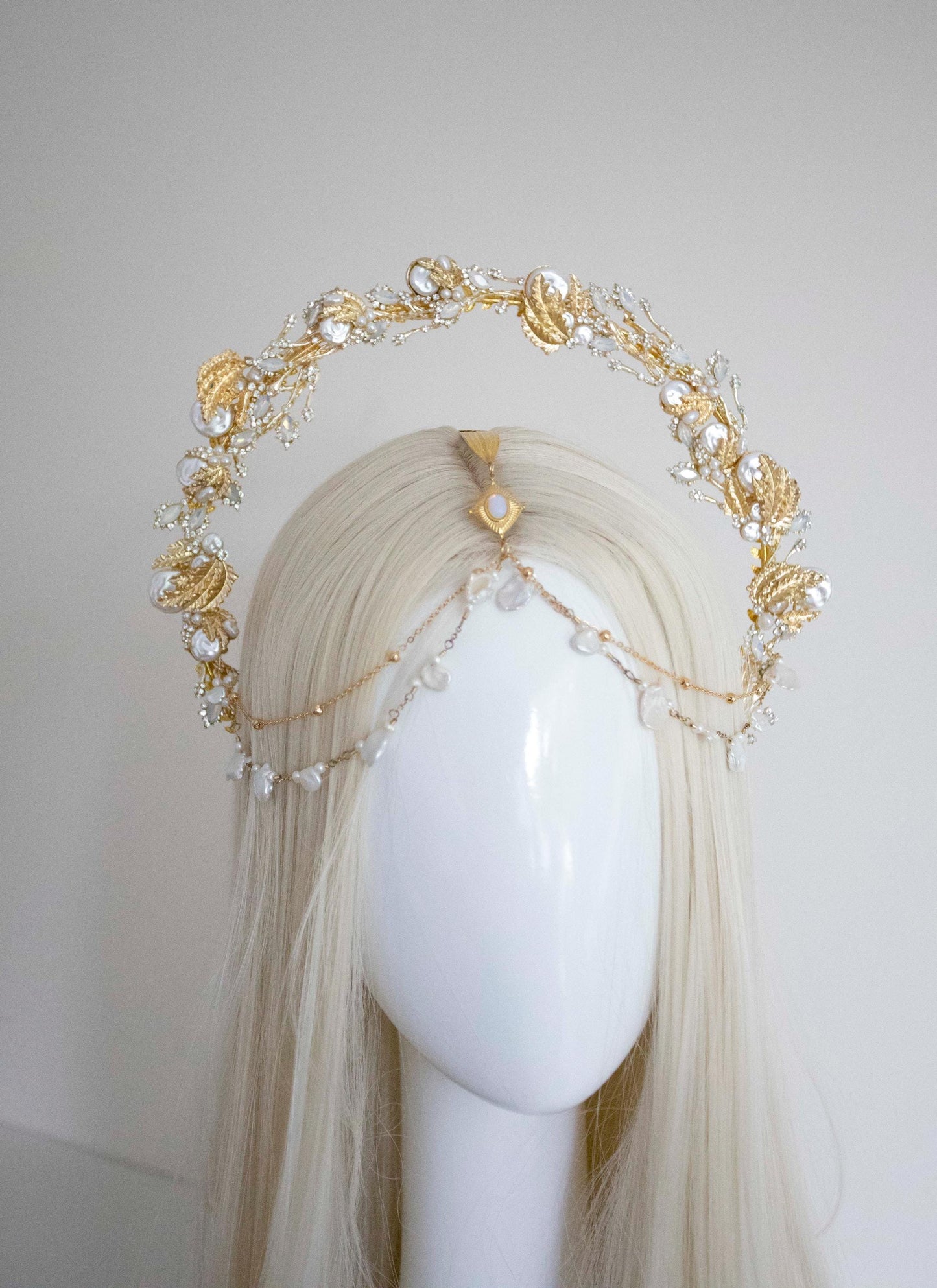 Gold Leaves Pearls Halo Crown