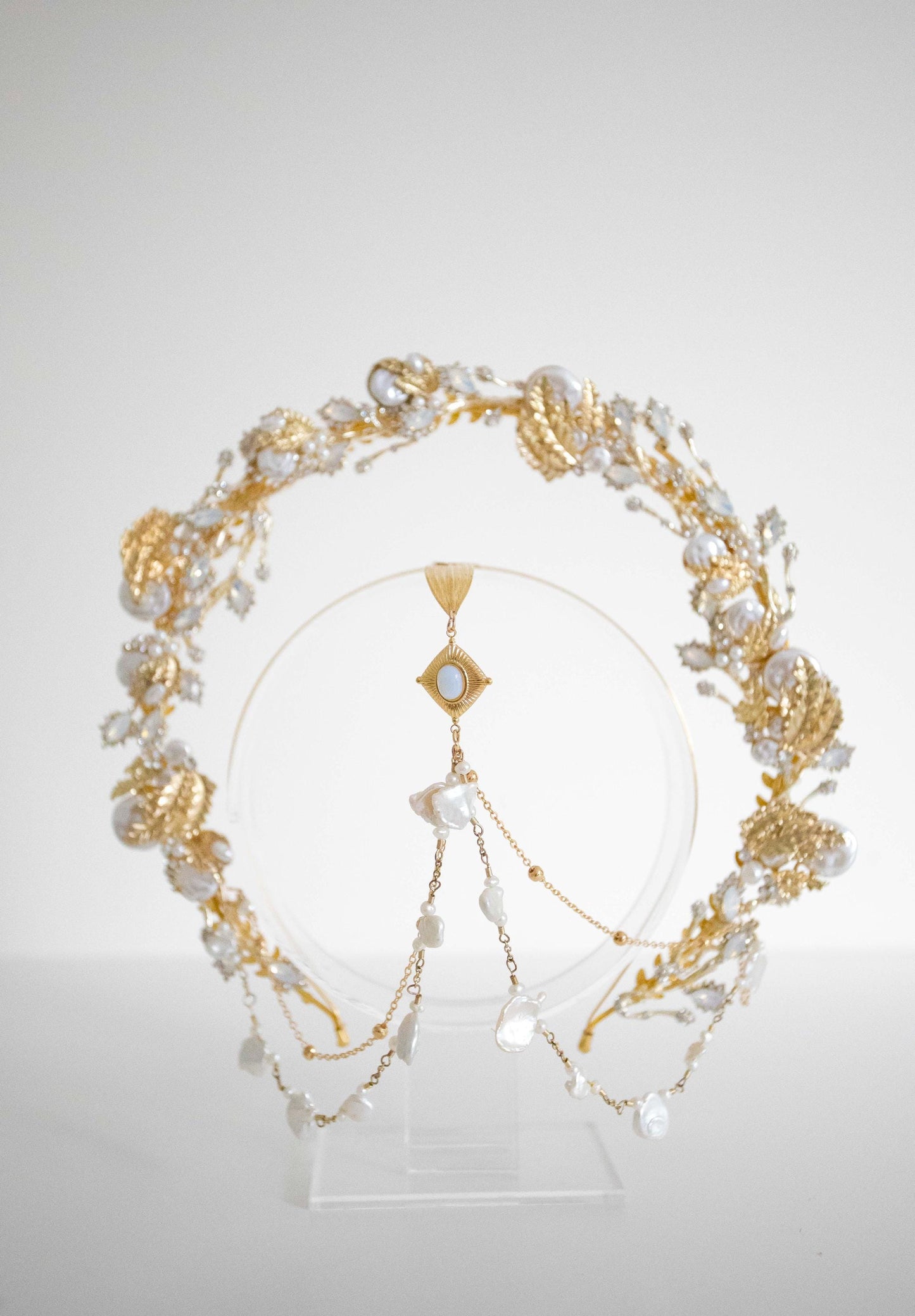 Gold Leaves Pearls Halo Crown