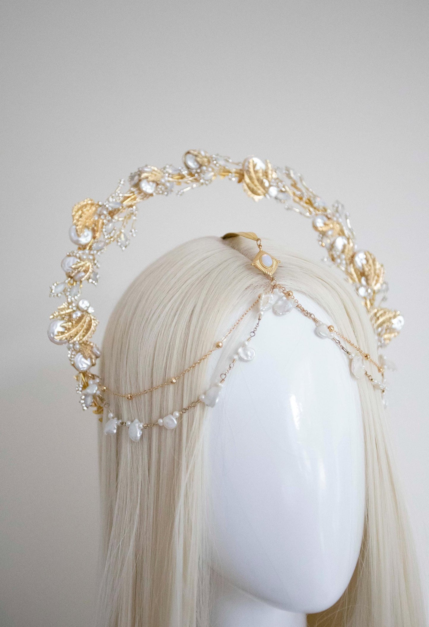 Gold Leaves Pearls Halo Crown