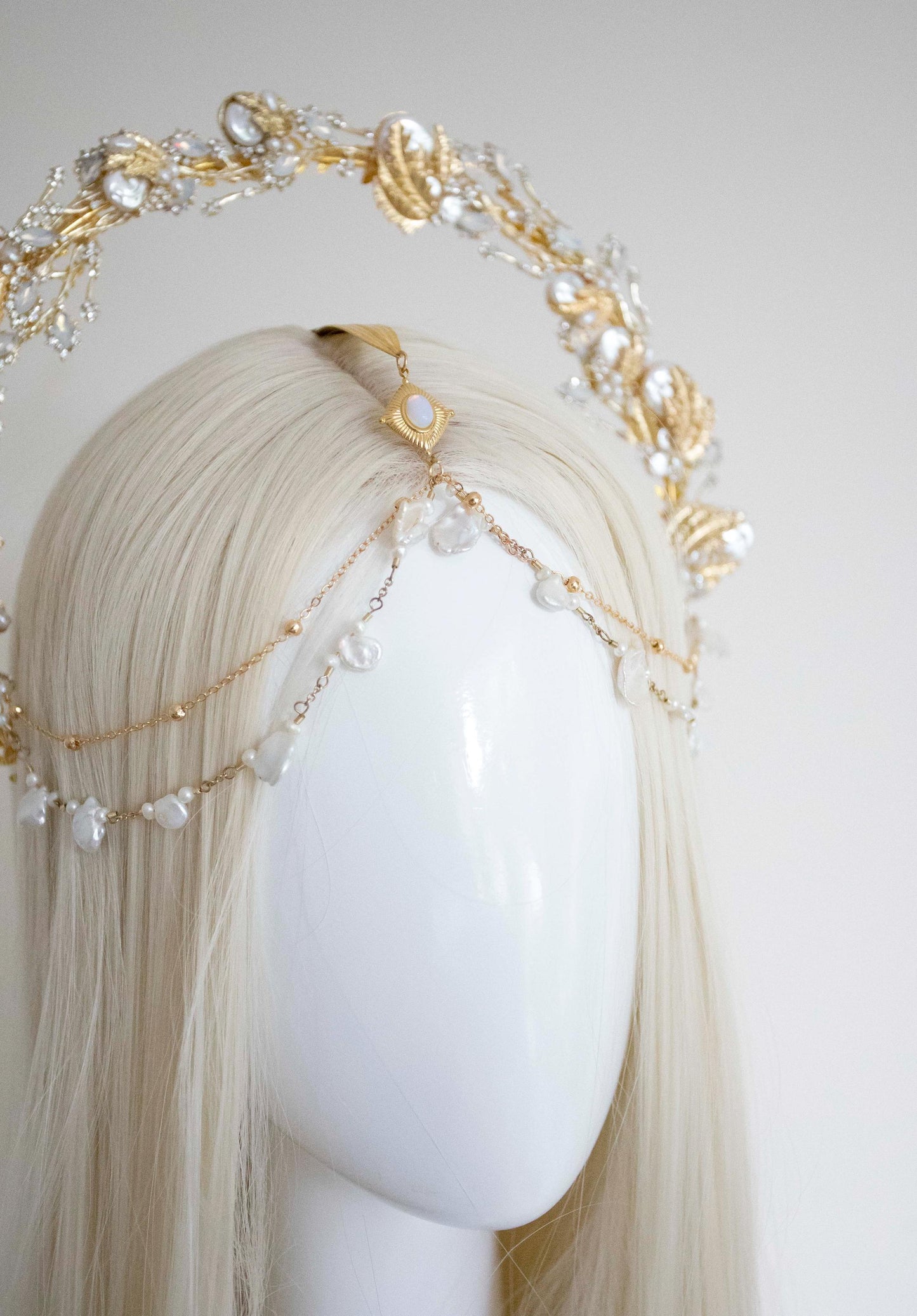 Gold Leaves Pearls Halo Crown