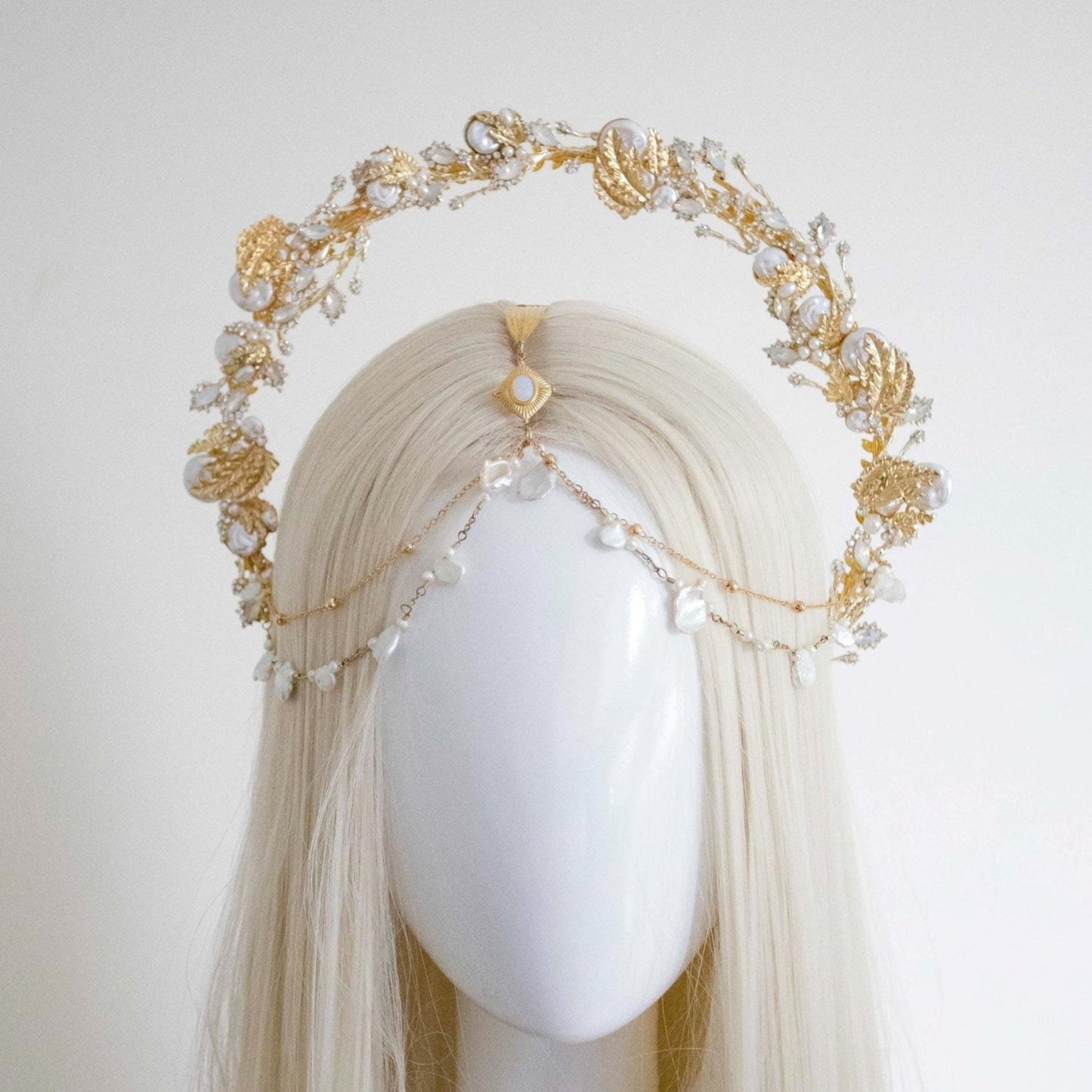 Gold Leaves Pearls Halo Crown